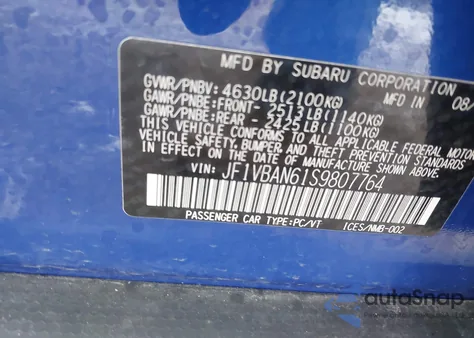 2025 Subaru Wrx Limited из США, поврежденный, VIN JF1VBAN61S9807764